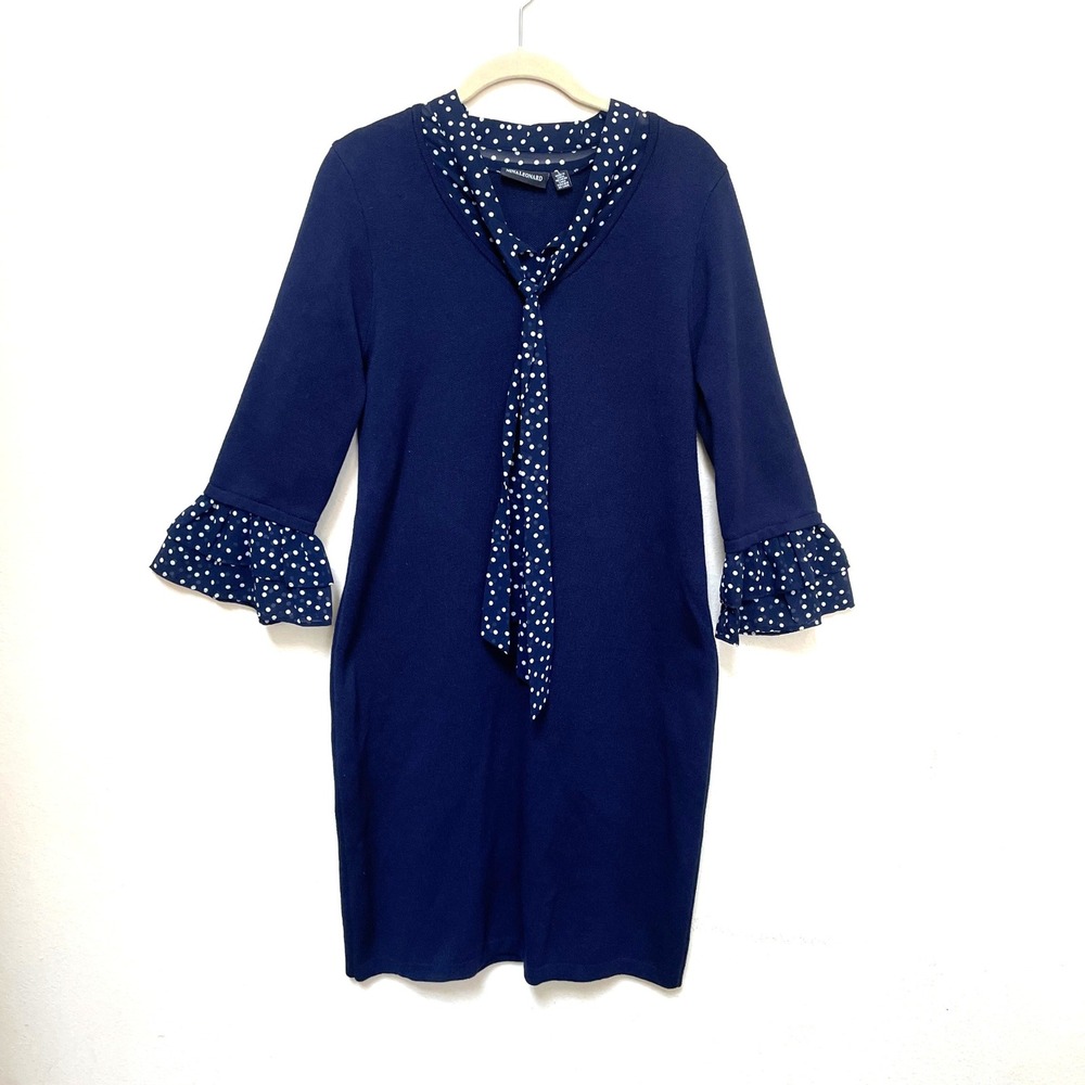 Nina Leonard Navy Blue Polka Dot Tie Neck Ruffle Cuff Sweater Dress Large